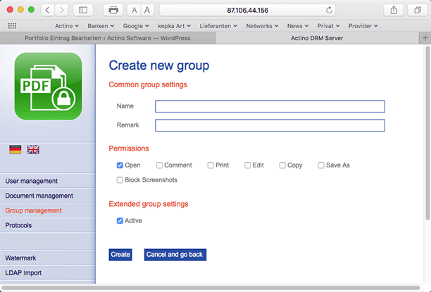 The groups manage users, documents and permissions.