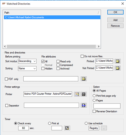 Batch-Print dialog to enter hot folder settings