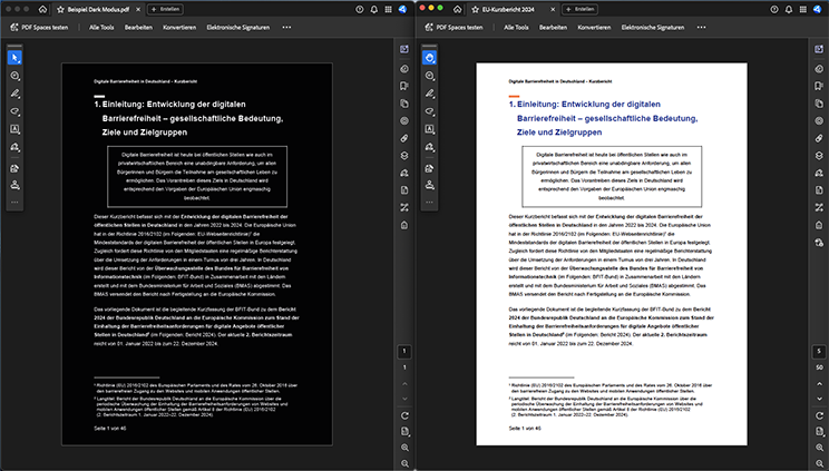 Ansicht einer PDF im normalen und im
